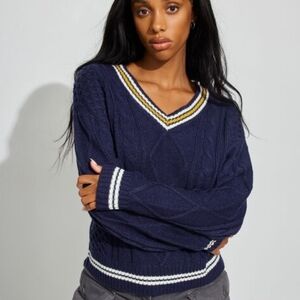 Garage Navy V-Neck Sweater with Striped Trim